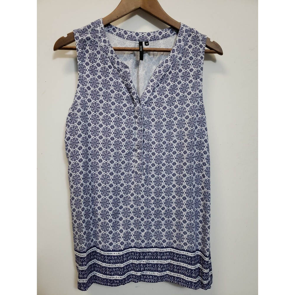 Cathy Sleeveless Top Womens Size Med Blue White Print floral Rayon